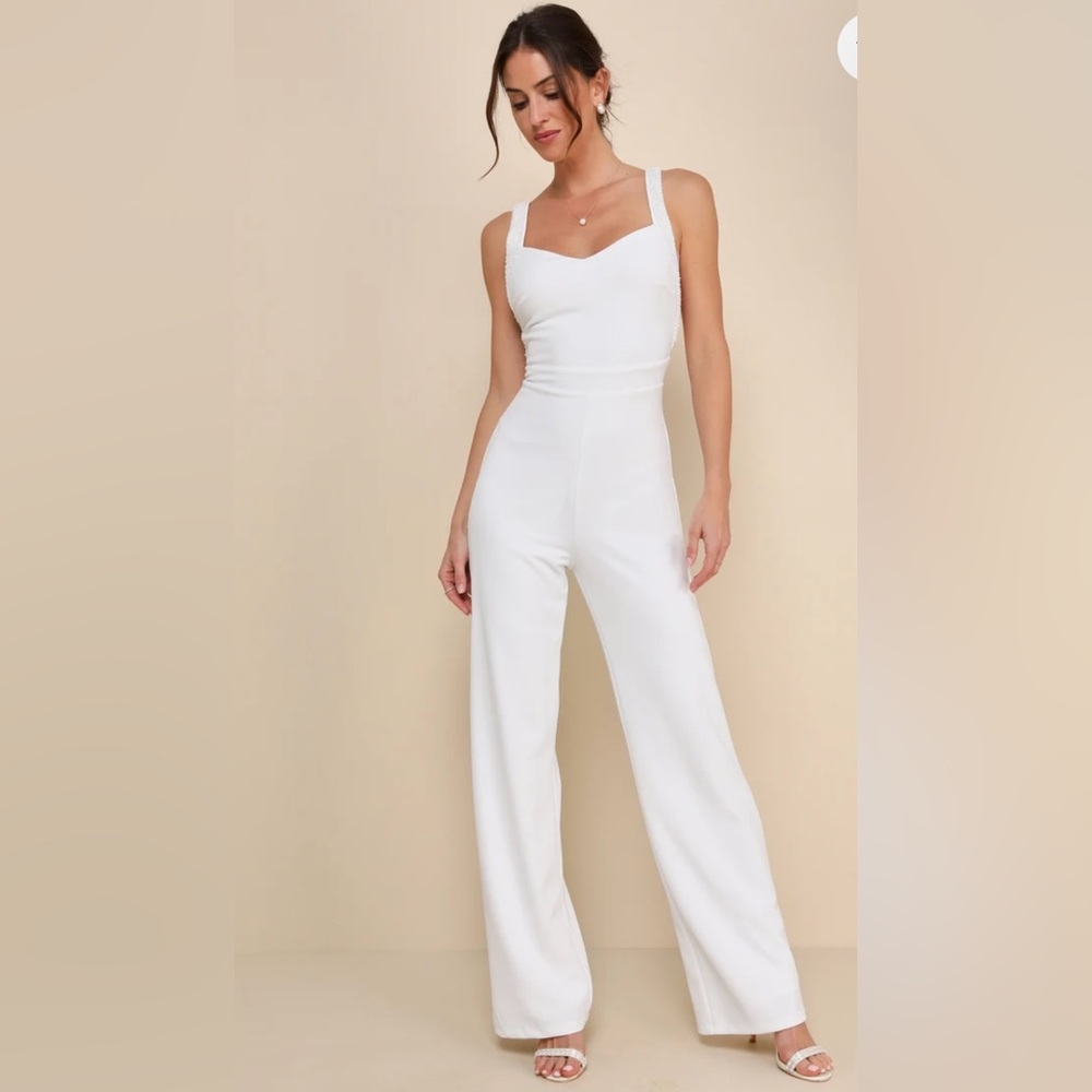 Lulus Love Aglow White Pearl Beaded Sleeveless Straight Leg Jumpsuit